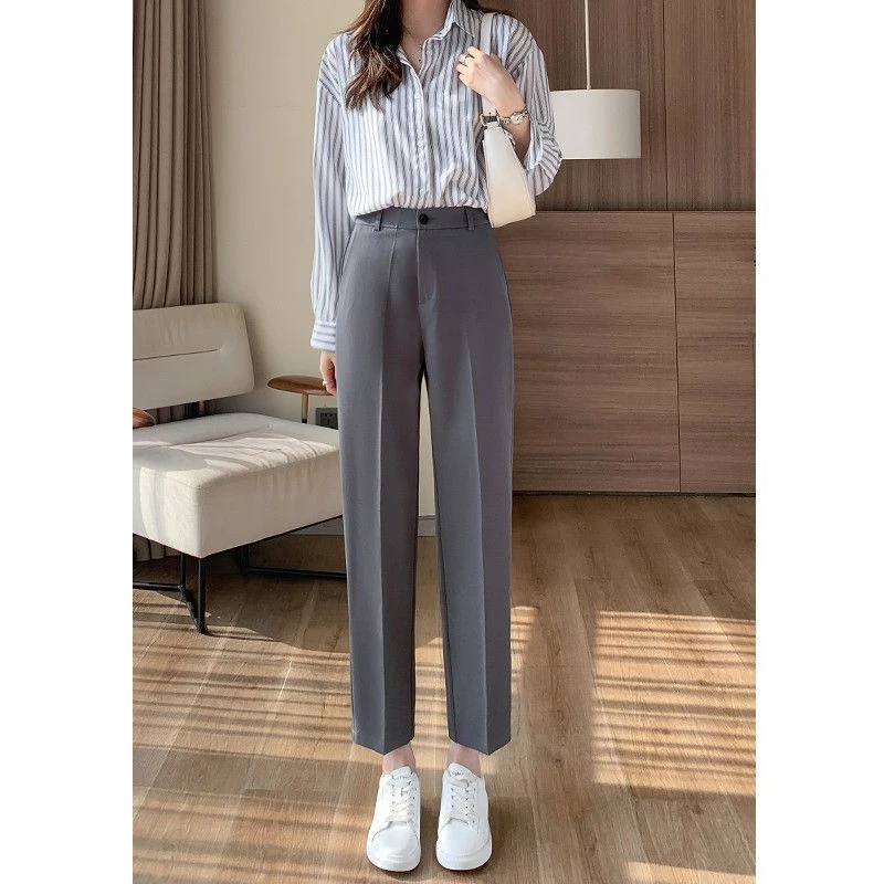 Spring Summer Office Lady Navy Blue Suit Pants Solid Elastic Waist Women Korean Fashion Casual High Waist Slim Straight Trousers