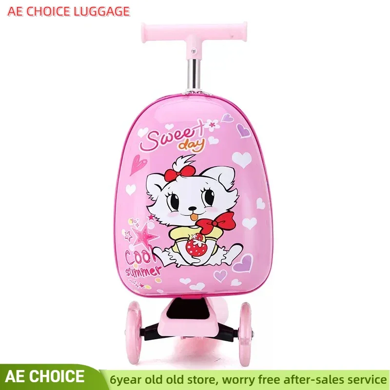 Cute Cartoon kids scooter suitcase on wheels Lazy trolley bag children carry on cabin travel rolling luggage Skateboard bag gift