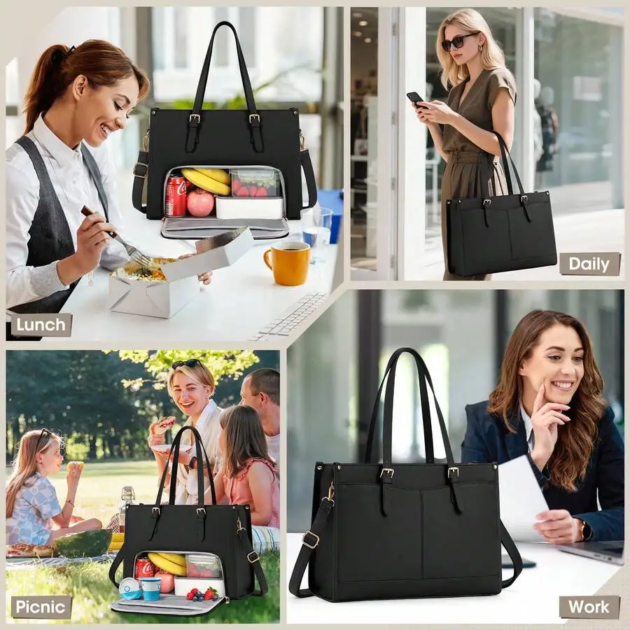 Large 15.6 Inch Laptop Tote With Insulated Lunch Compartment Quilted Faux Leather Bag For Work Daily Picnic