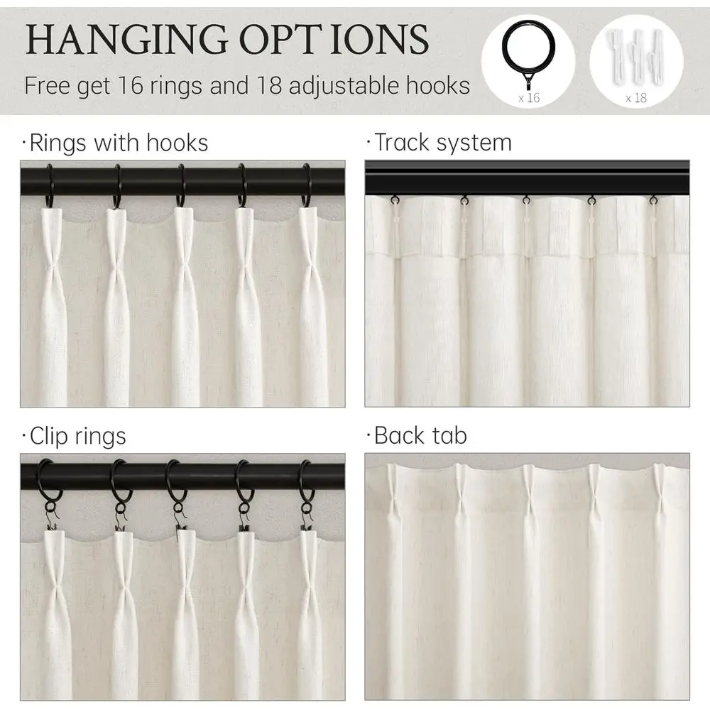 96 rideaux en lin avec plis à mémoire de forme pour salon/chambre - Texture ivoire crème de bouleau naturel