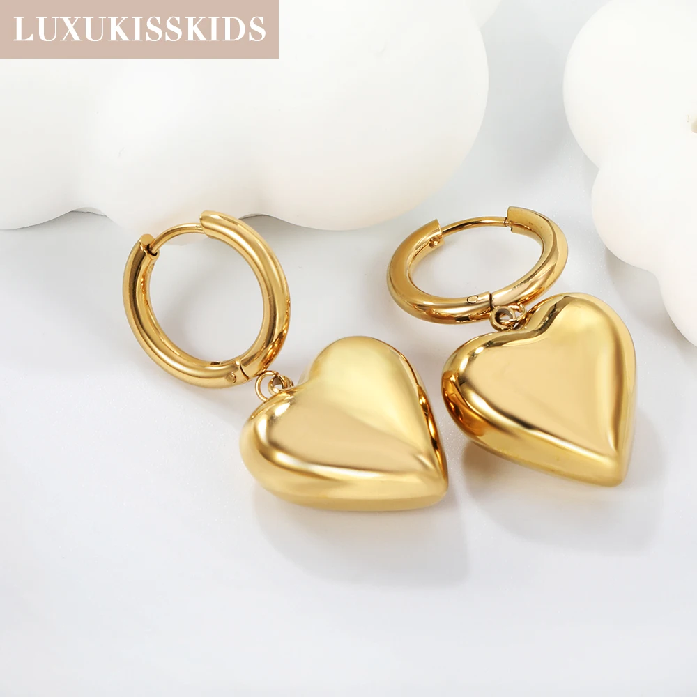 LUXUKISSKIDS High Polish Glossy Star Pentagram Earrings Drop Chunky Golden Cubic Heart Charm Pendients Gothic Dangle Ear Jewelry