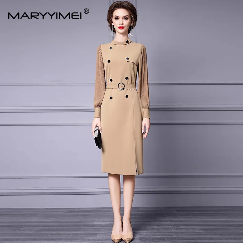 MARYYIMEI Elegant Commuter Solid Color Women\'s Dress Autumn Winter Stand Collar Lantern Sleeved Button Lace-UP Straight Dresses