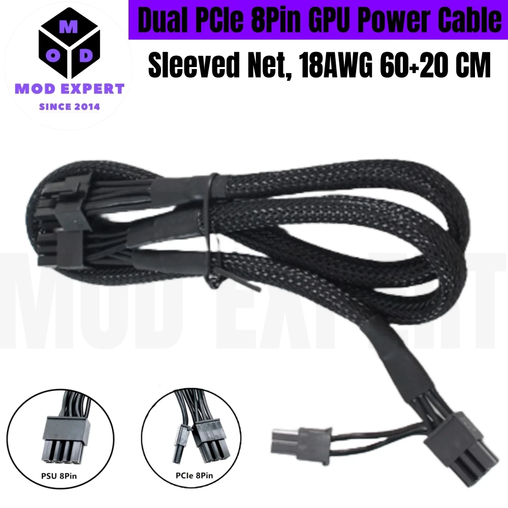 PSU 8Pin to PCIe Dual 8Pin 6+2Pin VGA GPU Power Supply Cable for CORSAIR AX1600i Type4 Modular Power, Sleeved Net 18AWG 60+20 CM