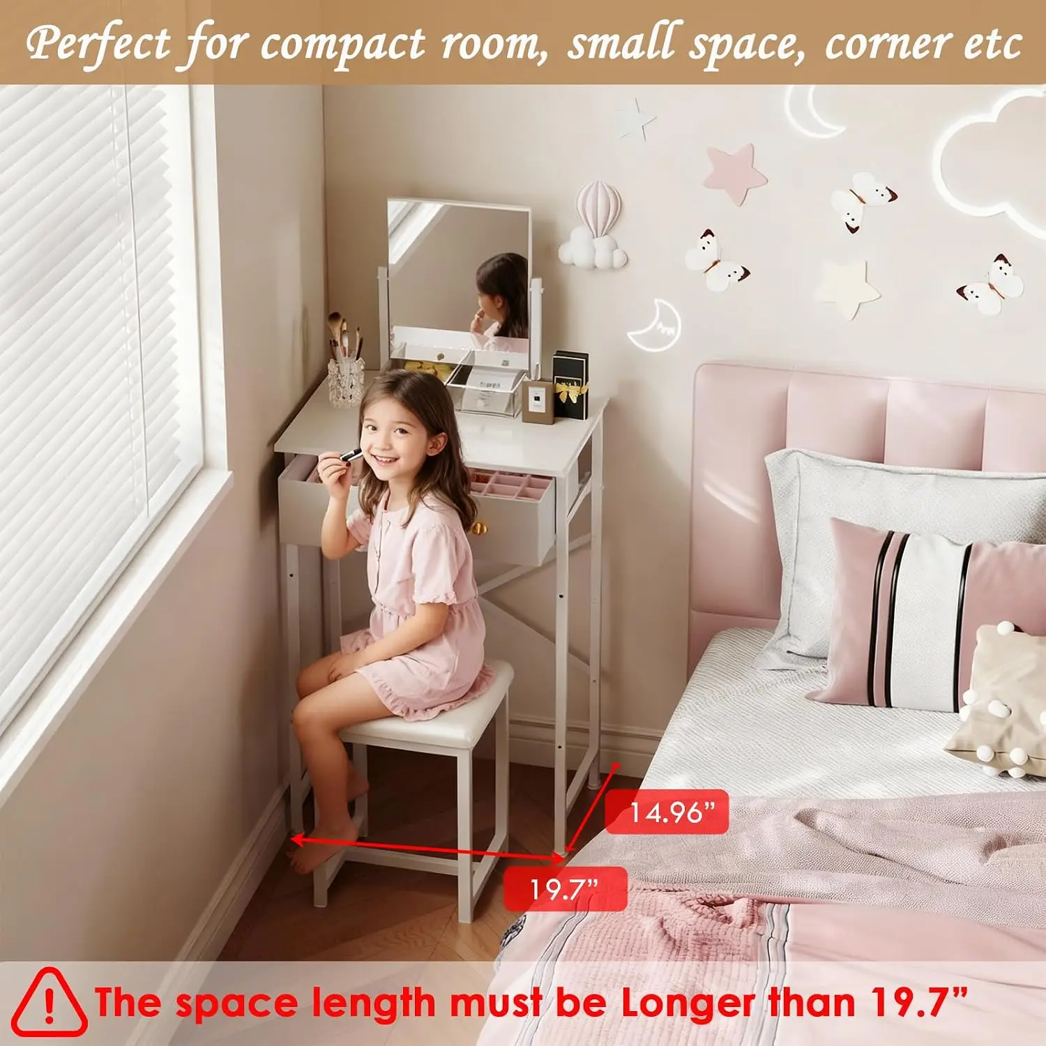 Small Makeup Vanity Desk with Mirror & Chair, 19.7