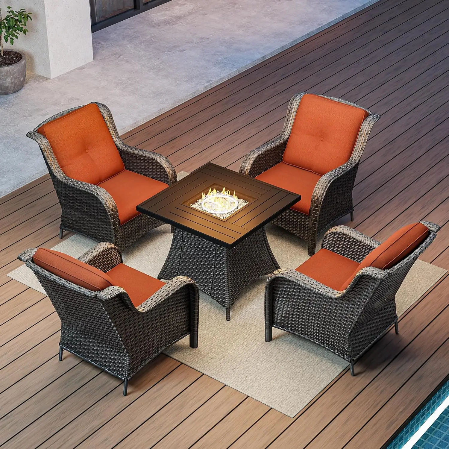 Outdoor Wicker Patio Furniture Set with Fire Pit Table, 5 Pieces Patio Conversation Sets with 4 Outdoor Patio Chairs and 1 Fire