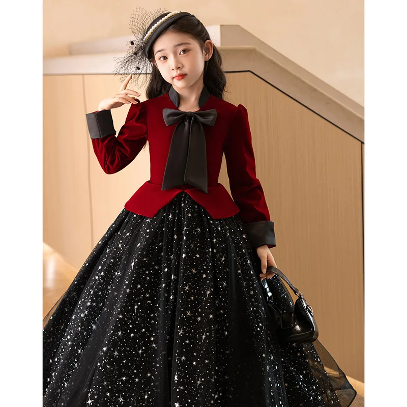 

Girls' Formal Dress Wine Red Princess Dress Children's Birthday Piano Performance Host Long Sleeve Spring Autumn