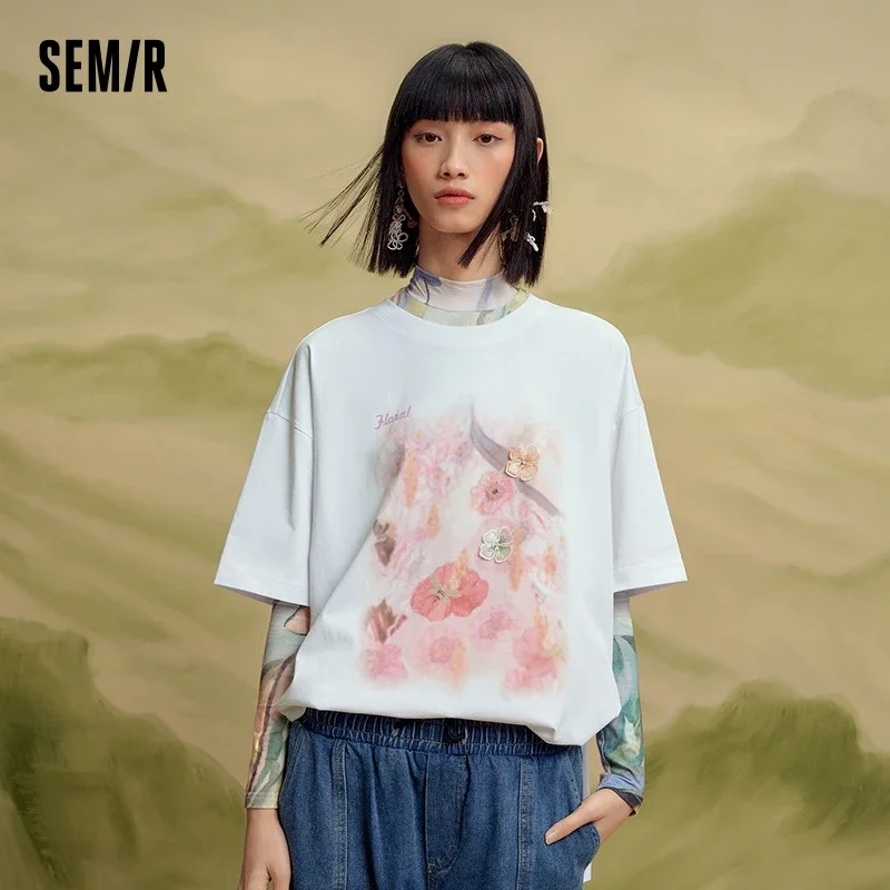 Semir Short Sleeve T Shirt Women Mid Length Loose 2023 New Cool Antibacterial Print Split Summer Dress