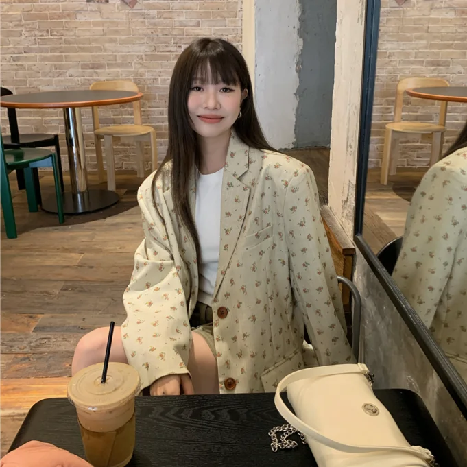 Chic Vintage Early Spring Linen Suit Jacket Women's Small Floral Print Classy Street Style Long Sleeve Single Button Closure