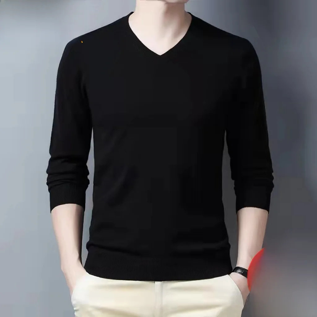

Мужской вязаный свитер из 100% чистой шерсти с длинным рукавом, V-образным вырезом, тонкий, модный, свободного кроя, с вышивкой, для повседневной носки
