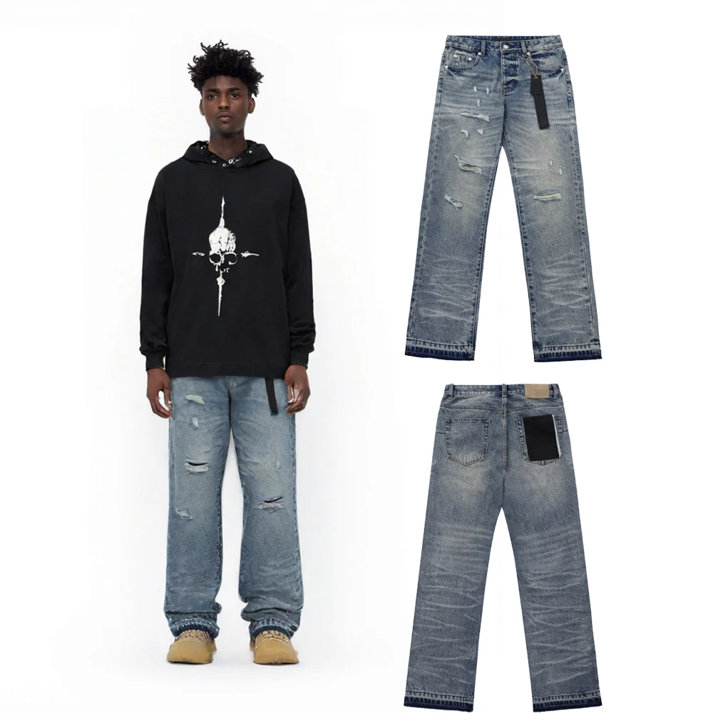 

Street Wear Loose Denim Jeans with Distressed Y2k Clothing Hip Hop Street Style Casual Ripped Rock Revivals Jeans Wide Leg Pants
