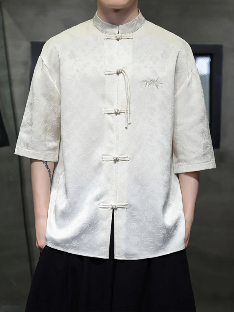 

Acetate Satin Ice Silk irt Men's Premium Embroidered Button Hanfu New Chinese Sle Summer Youth Faion Loose Fit ort Sl...