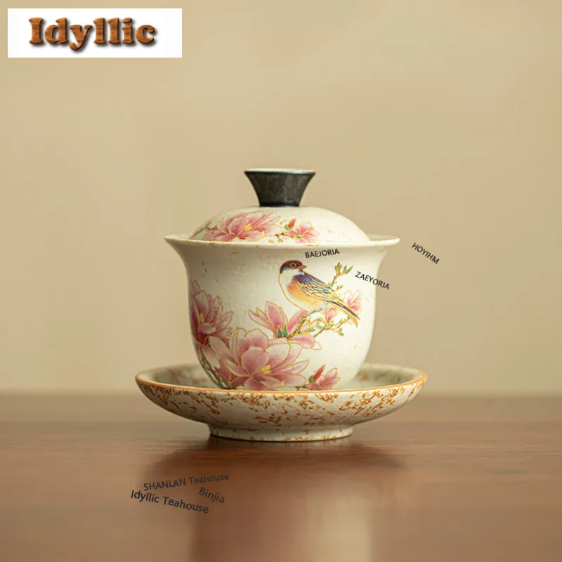 175ml Blue And White Firestone Red Magnolia Gaiwan Antique Tea Tureen Tea Bowl With Lid Kit Tea Maker Cover Bowl Kung Fu Tea Set