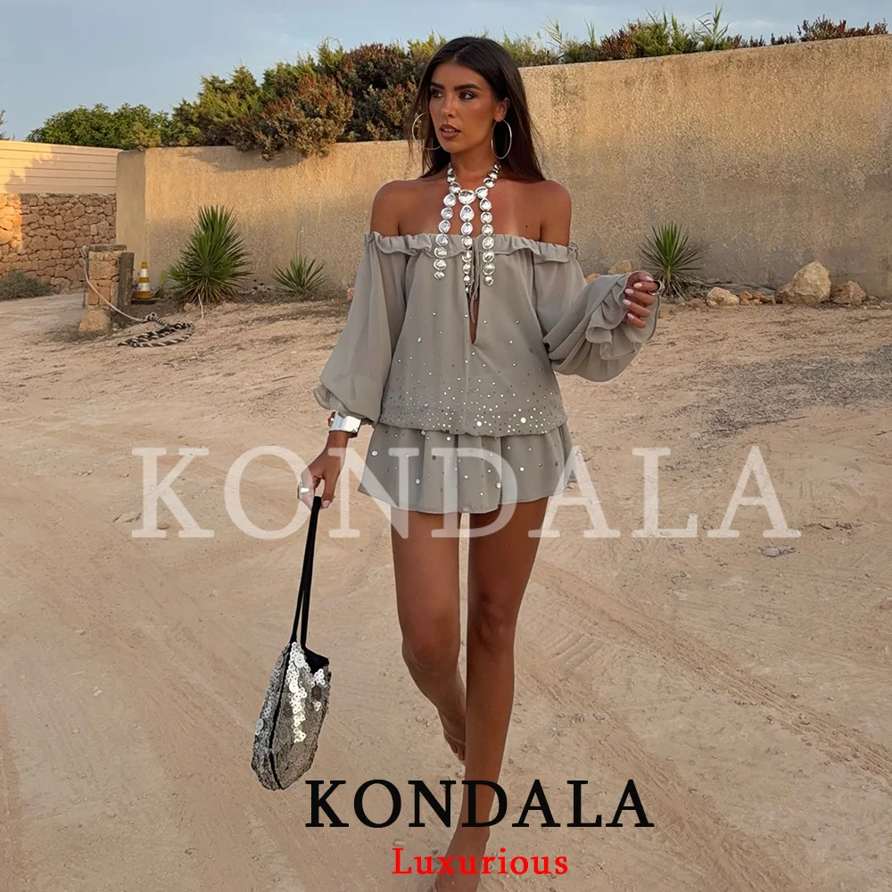 KONDALA Sexy Schickes Pailletten-Partykleid für Damen Langarm Schulterfrei Mini-Chiffonkleid Mode 2026 Sommer Herbst Urlaubskleid – Detail 4