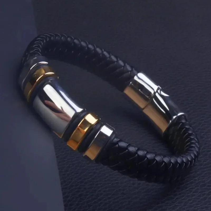 Classic Black Single Layer Hand Braided Leather Bracelet with Magnetic Closure Men\\\'s Charm Fashion Casual Jewelry Gift