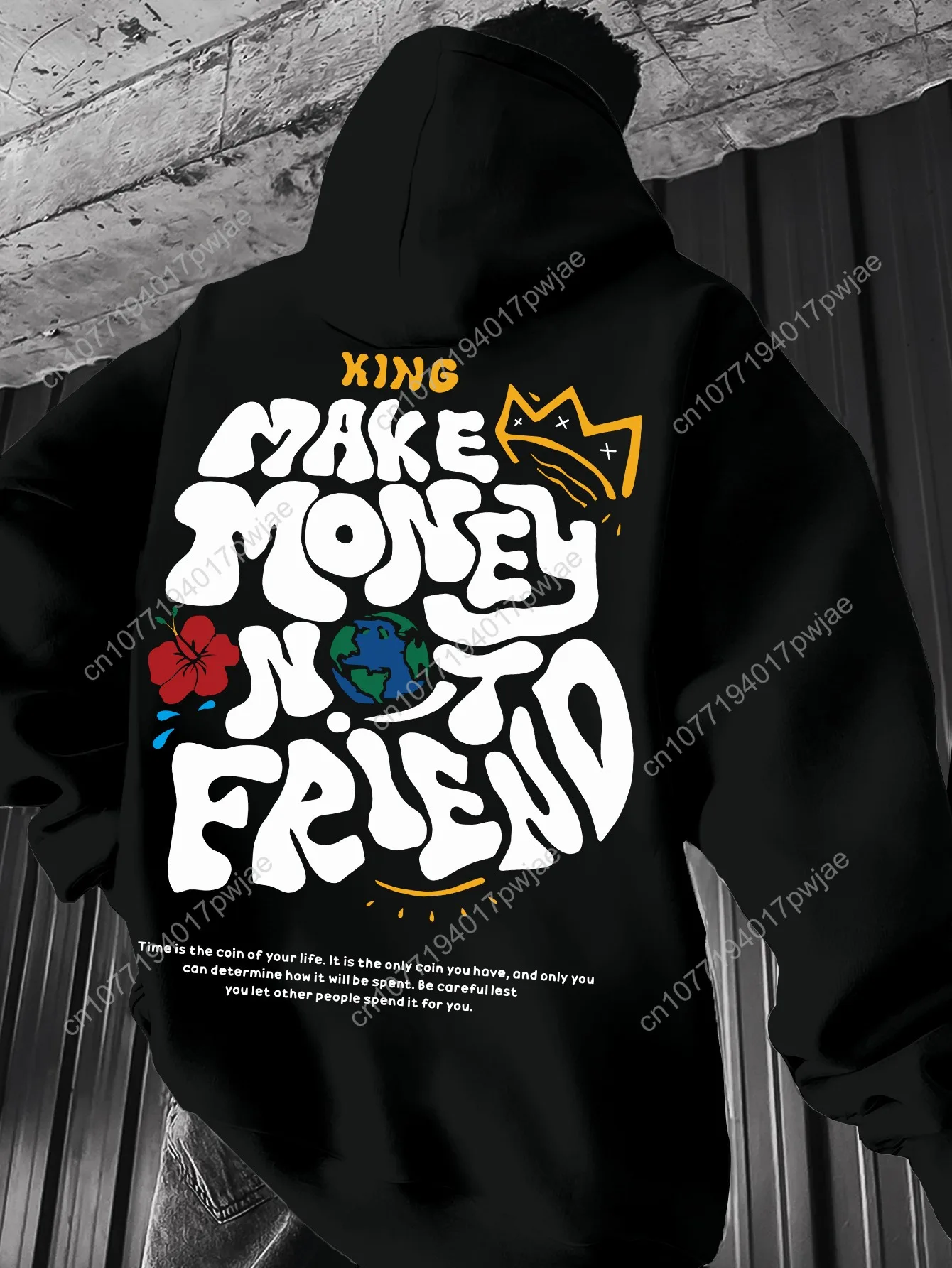 Felpa casual con cappuccio da uomo - Stampa geometrica nera con grafica e design a corona Bold "MAKE MONEY NOT FRIEND", vestibilità regolare Spr