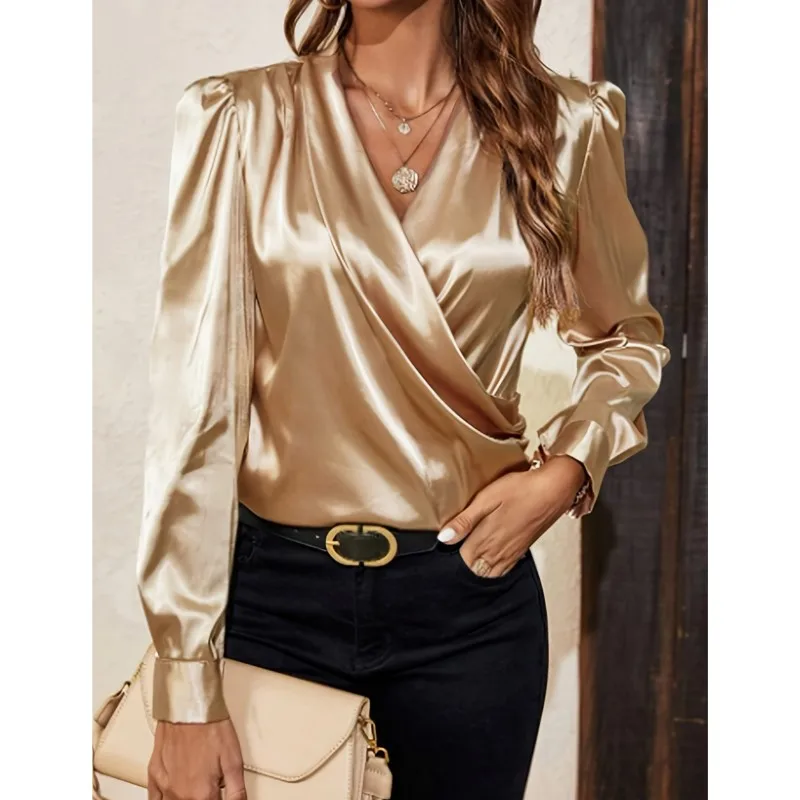 

Fashion Satin Women's Shirt Blouse 2026 Spring Cross-neck Collar Long Sleeves New Style Pleated Slim Women's Office Lady Tops