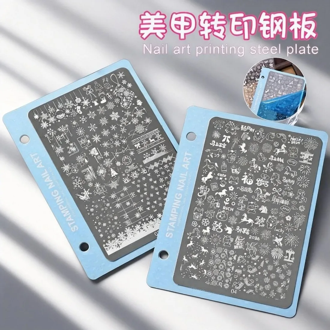 YYM Nail Art Stamping Plate New Year Plaid Snow Leopard Striped Lace Butterfly Knot Nail Transfer Template for DIY Manicure