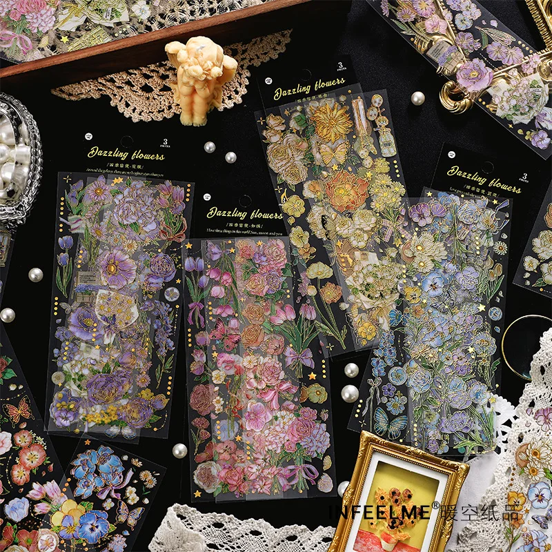 

3 листа ПЭТ-наклеек с цветами и растениями для бронзирования, самоклеящиеся, для дневников, альбомов, скрапбукинга, материалы для творчества