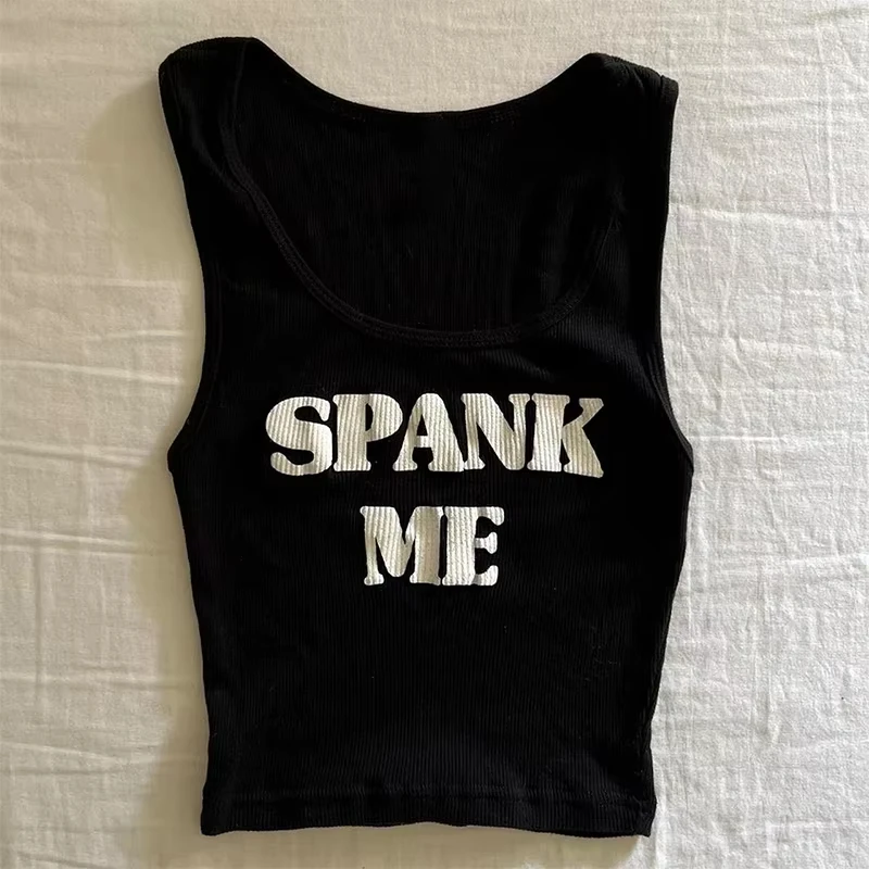 

Streetwear Hip Hop Chic Letter Print Women Sleeveless Camisole Rock Grunge Punk Sexy Y2K vintage Hot Girl Black O-Neck Baby Tops