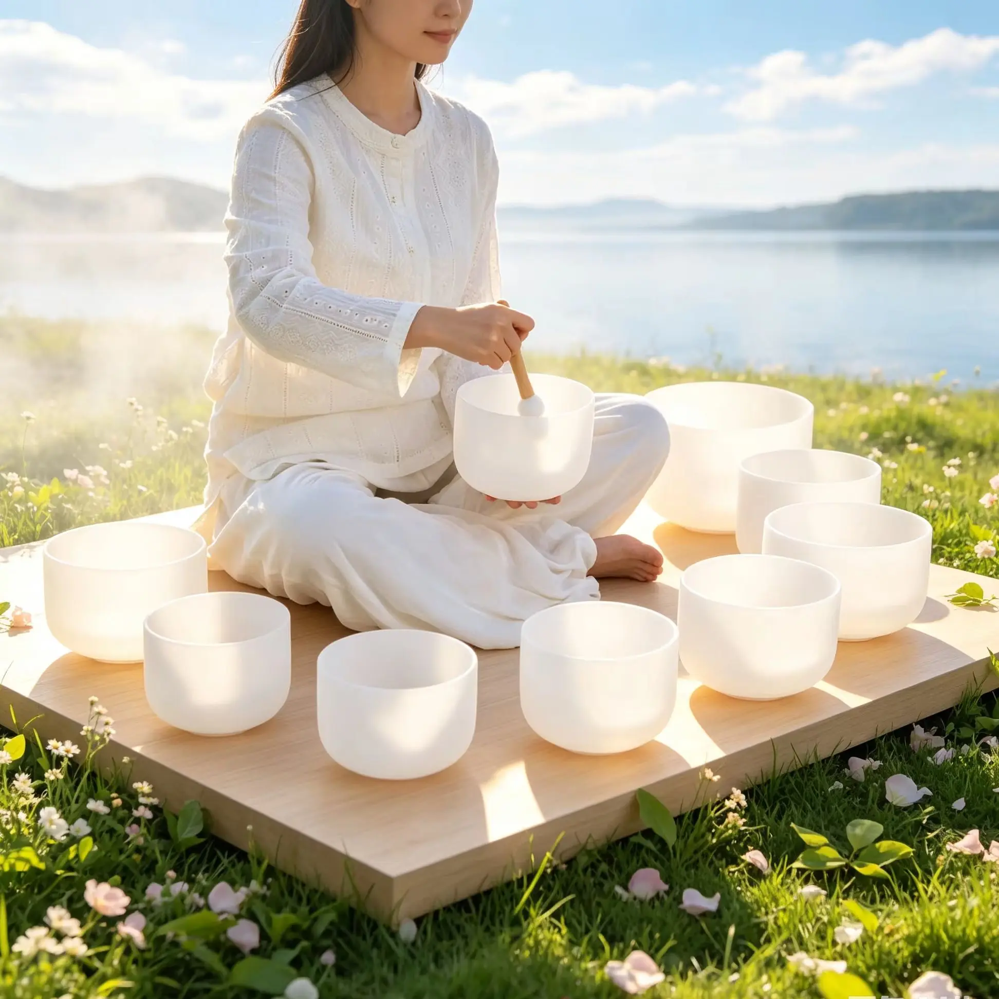 YUN QI QING YIN 6-12 Mattierte Weiße Quarz-Kristall-Klangschale 7-Chakra-Set 432Hz Gestimmte Klangtherapie-Schale mit Schlägeln, Professionelle Heilungsperkussion für Outdoor-Meditation, Yoga, Spa, Klangbad, Energieentwicklung & Tiefenentspannung