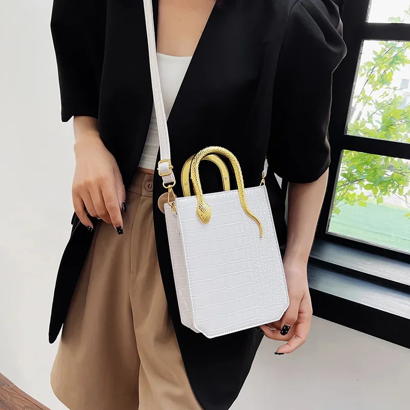 Solid Fashion Square Handbag Crocodile Pattern Leather Metal Handle Shoulder Bags Evening Bag Banquet Small Square Tote