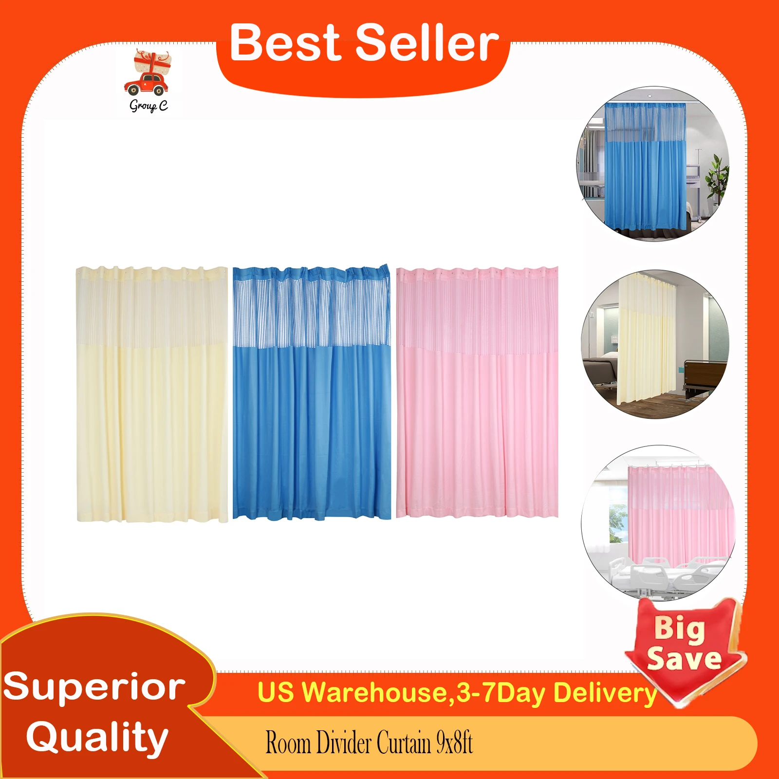 

Штора-перегородка 9x8 футов, полузатеняющая, с люверсами – разделитель пространства для СПА, салона, больницы, офиса, общежития, домашнего декора