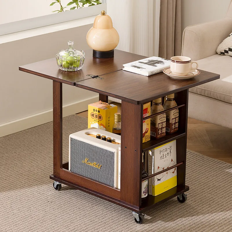 Log wind sofa side table mobile folding coffee table living room home tea table small does not take up space can be moved