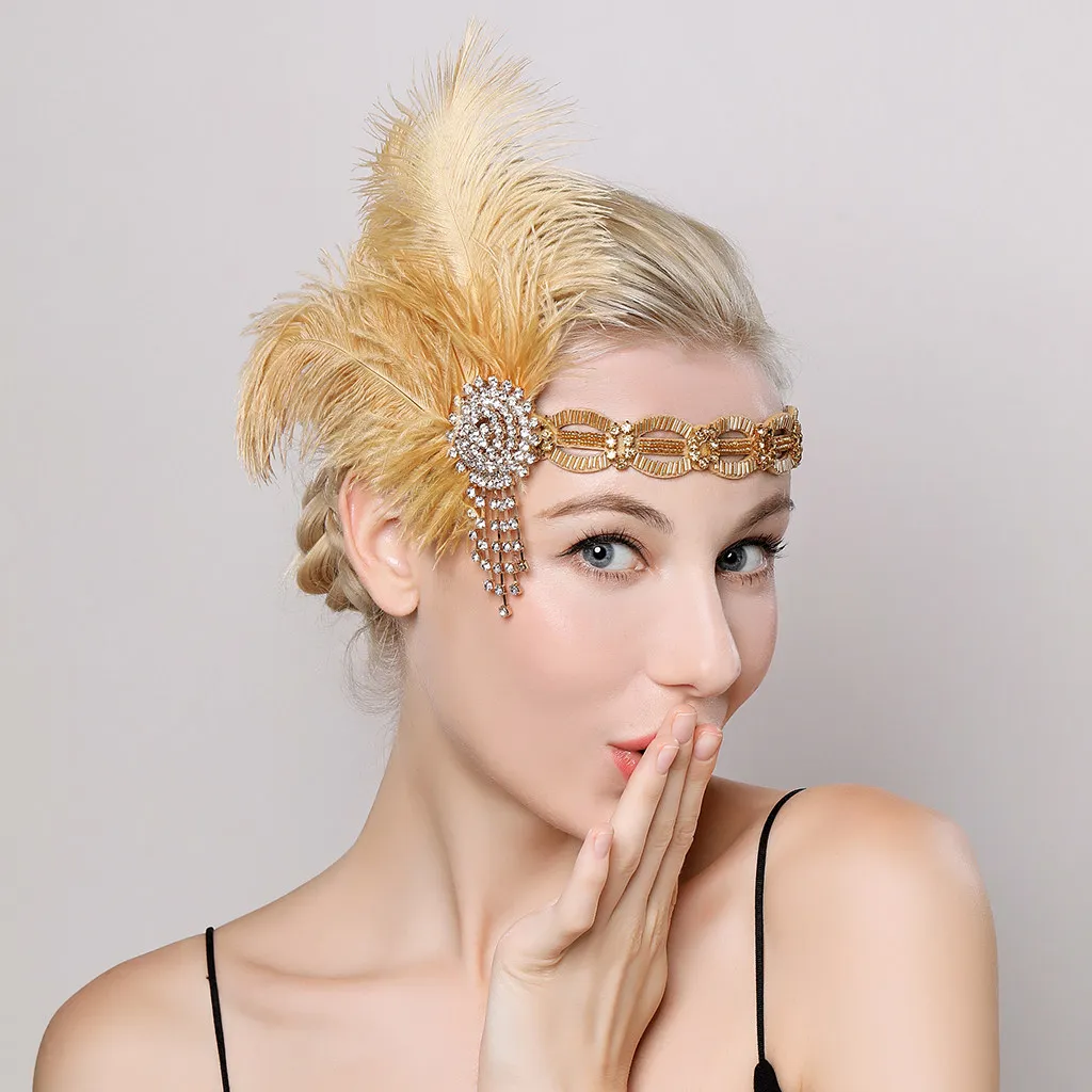 

Женская повязка на голову с перьями и стразами в стиле флаппер, винтажный головной убор для костюмированных вечеринок, аксессуар для волос