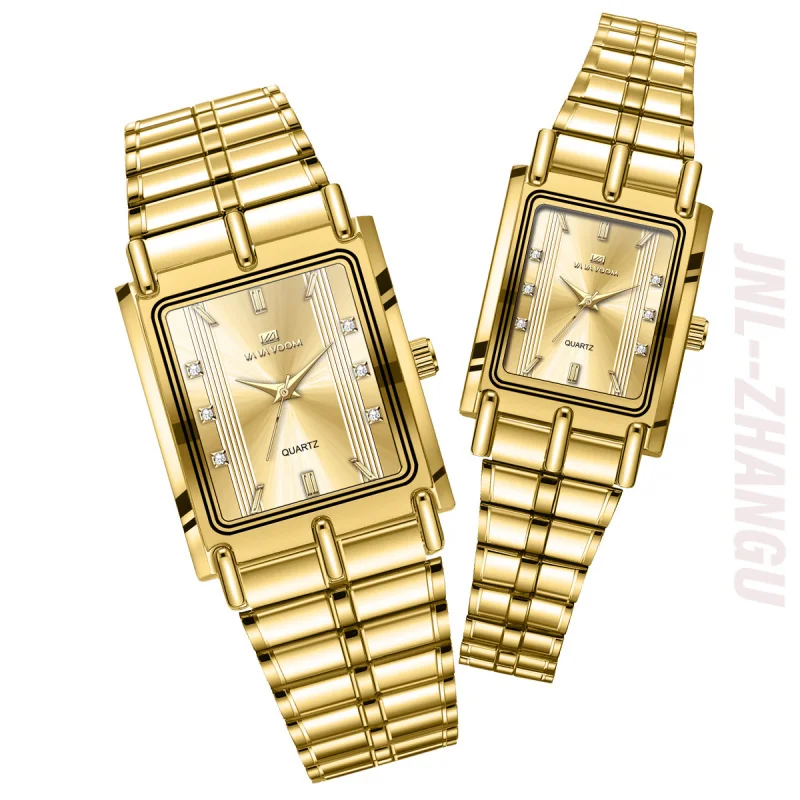 New Design Luxury Paired Stainless Steel Band Rectangle Case Quartz Watches Wholesale Diamond Business Couple Watch view 4