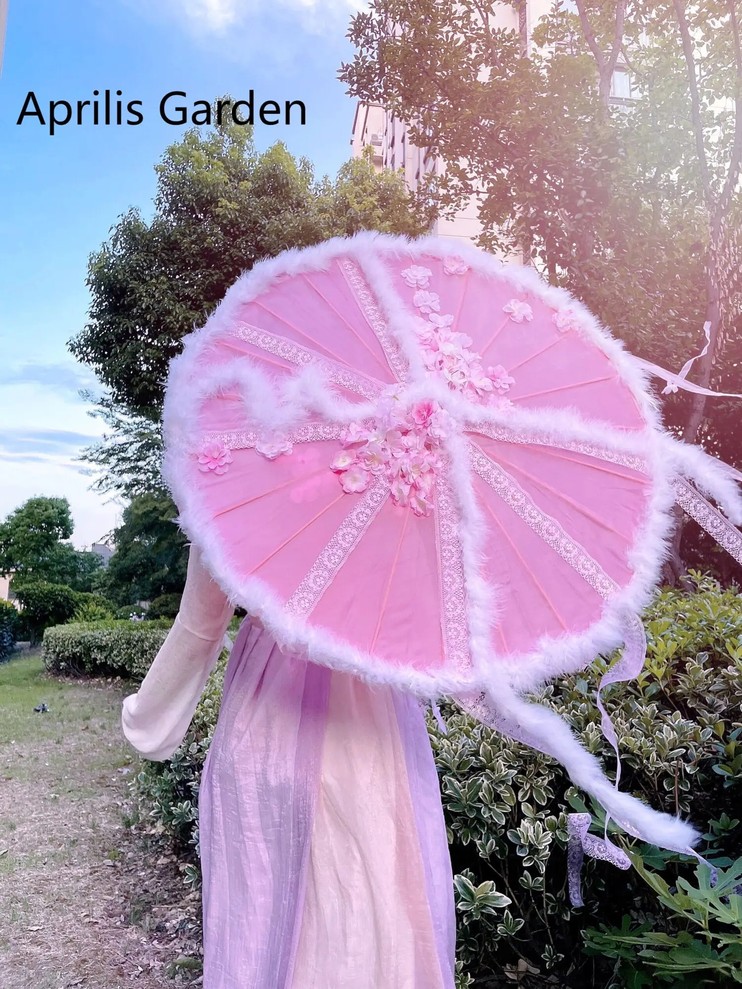 82CM Feather Bead Umbrella Flower Tassel Ribbon parasol Lolita Lace Dance Decoration Photography Wedding Hanfu Craft Umbrella