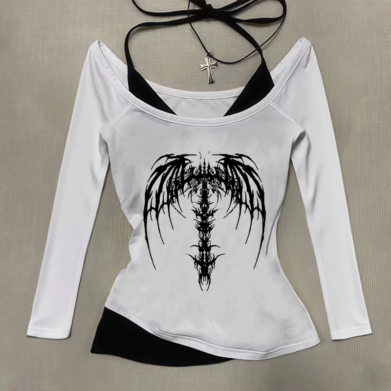 

Модная повседневная футболка с длинным рукавом и круглым вырезом Y2K, уличная одежда, эстетика в стиле панк, женский топ, готическая креативная футболка с принтом комиксов