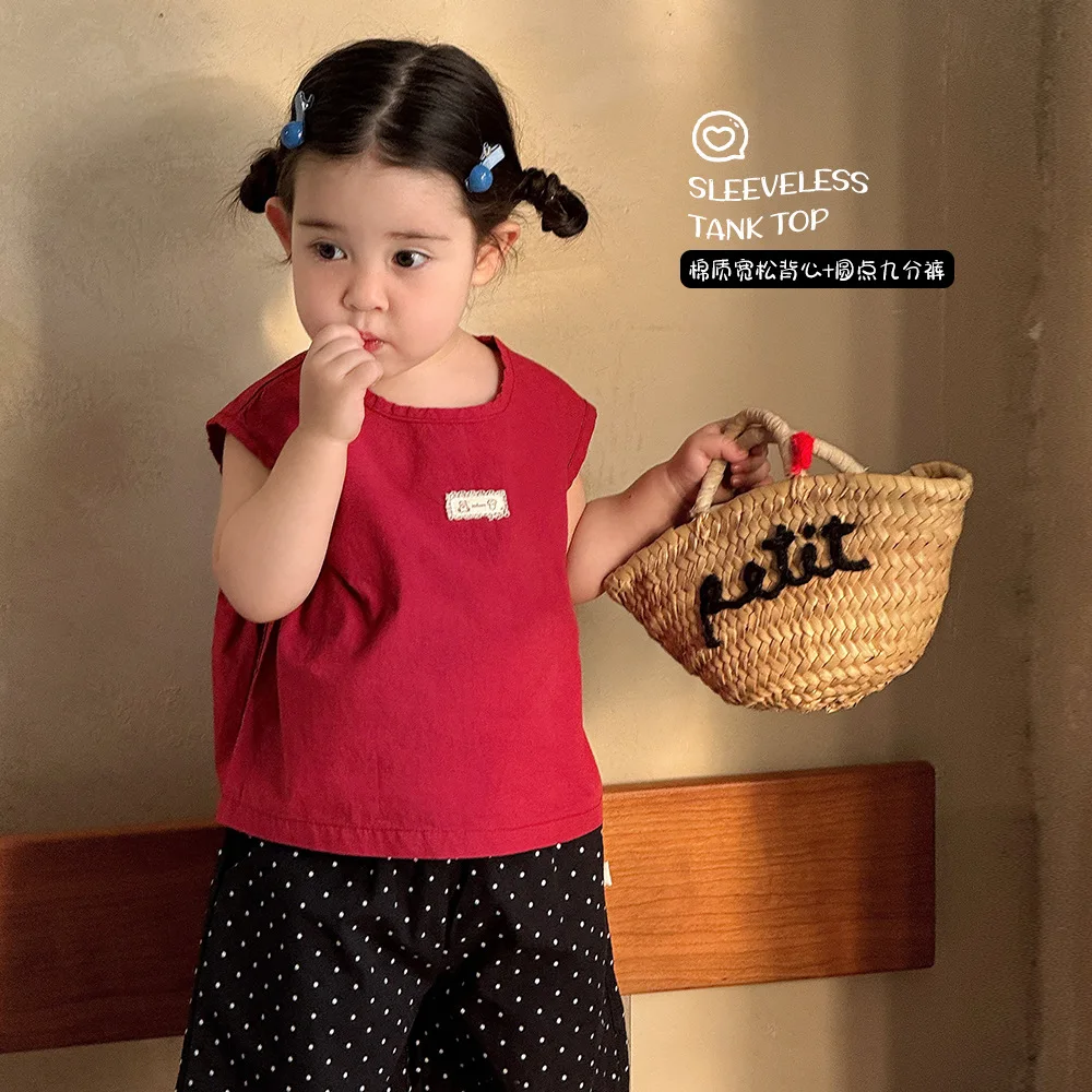 

2026 New Baby Girls Summer Cotton 2PCS Outfits Korean Style Sleeveless Tops Set Casual Toddler Kids Daily Outdoor Clothing Set