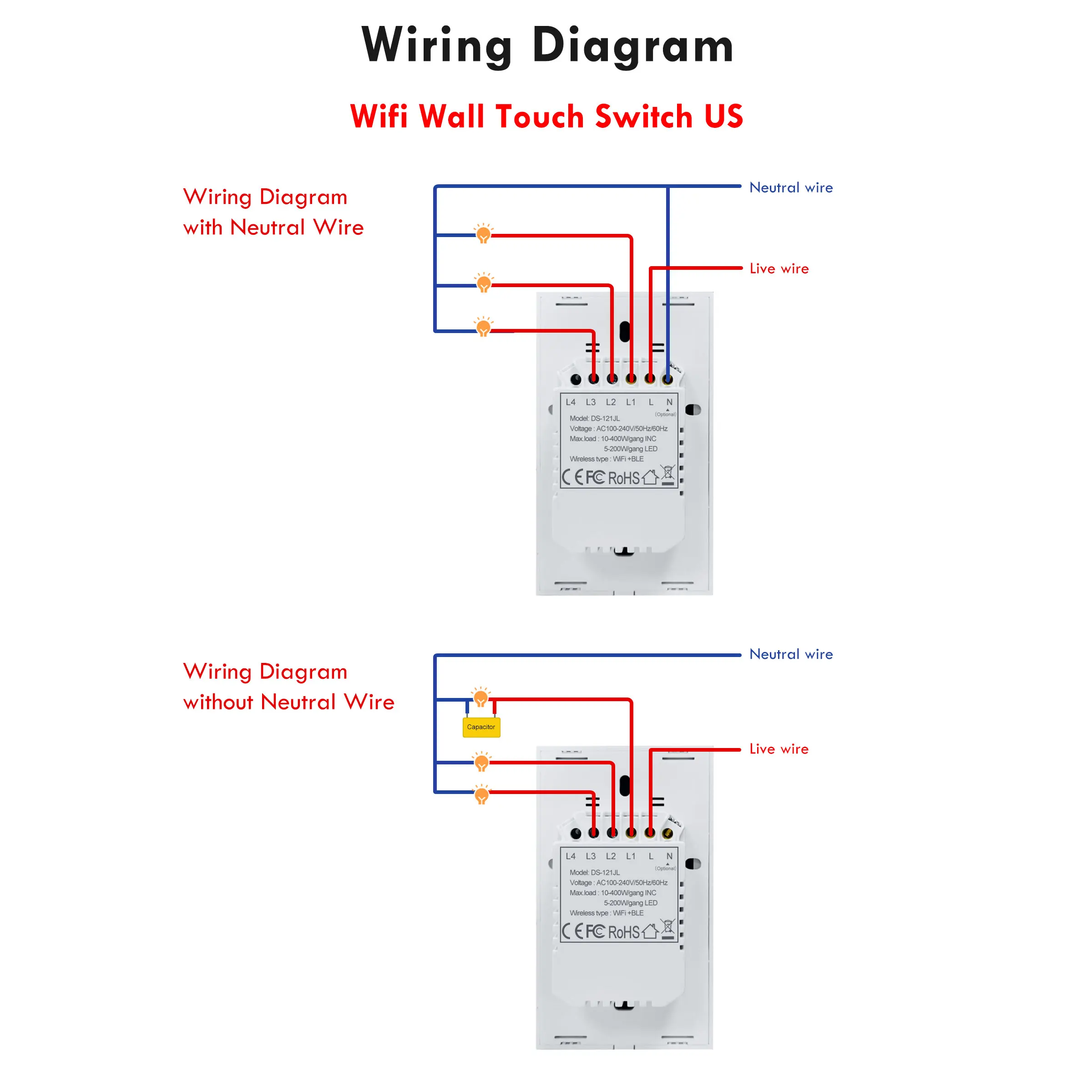 GIRIER Tuya Smart WiFi Switch 1/2/3 Gang, Touch Panel Switch EU US, Neutral/No Neutral Wire Required, Supports Alexa Google Home