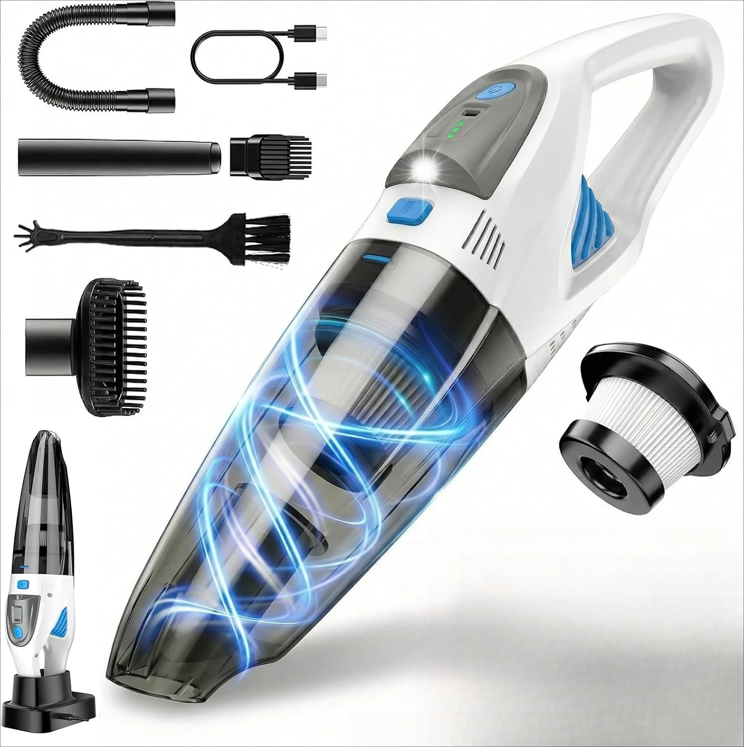 

Handheld Vacuum Cordless, 25000Pa Powerful Suction Car Vacuum Portable Cordless with 8000mAh Battery & LED Light, Hand Held Vacuum Rechargeable with HEPA Filters, White