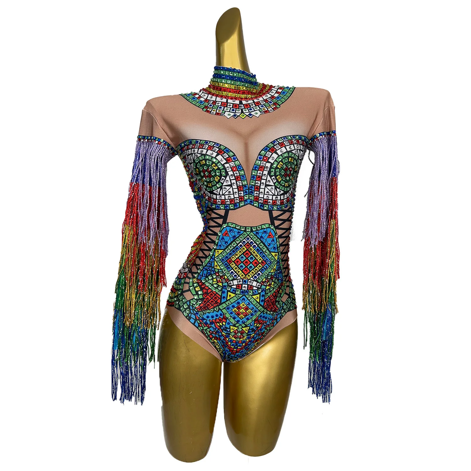 Multi-color Rhinestones Tassel Bodysuit Sexy Nightclub Dancer Party Stage Wear Pole Dance Fringe Crystal Leotard Costume Cizhuan