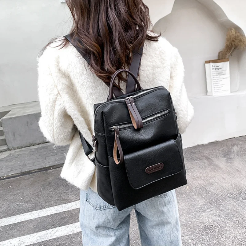 

Women Large Capacity Backpack Purses High Quality Leather Female Vintage Bag School Bags Travel Bagpack Ladies Bookbag 2024