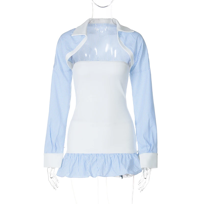 فستان نسائي صيفي كاواي مكون من قطعتين فستان قصير بدون حمالات مخطط مطبوع مكشكش فستان ضيق بأكمام طويلة وحفلات النادي #5