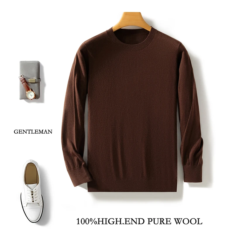 Fall/Winter 2024 New 100 Pure Wool Men's Round Neck Solid Color Casual Wool Loose Simple Worsted Knitting Sweater