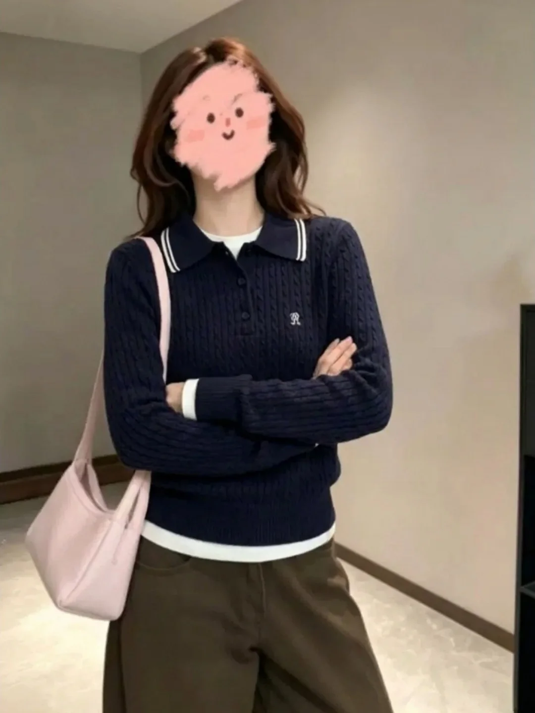 Dark Blue  Shirt Knitted Sweater Women's Autumn Winter Fashion Twisted Knitwear Slim Fit  Collar Inner Wear Base Shirt