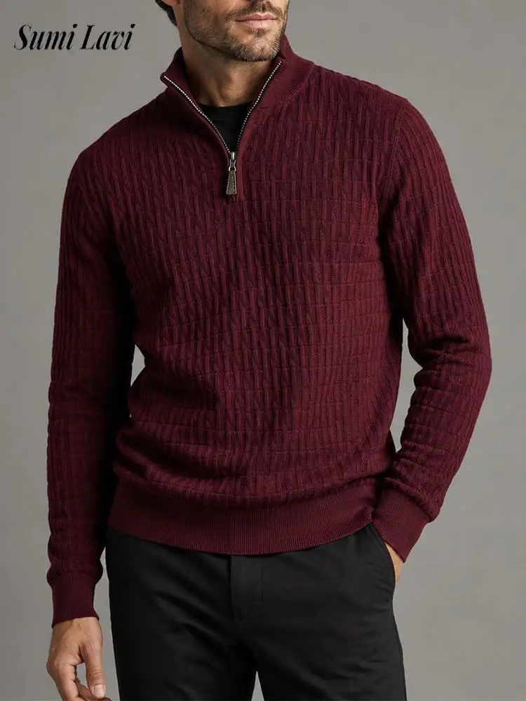 Fashionable Stand Collar Pullover For Men Slim Fit Fall Winter Half‑Zip Textured Knit Stylish Warm Sweater Polo Shirts Mens