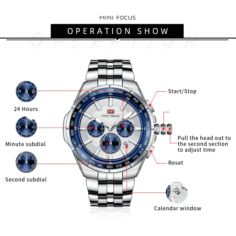 MINI FOCUS 0613G Роскошные кварцевые мужские часы, водостойкий календарь, светящийся хронограф, часы со стальной полосой для мужчин, Reloj Hombre