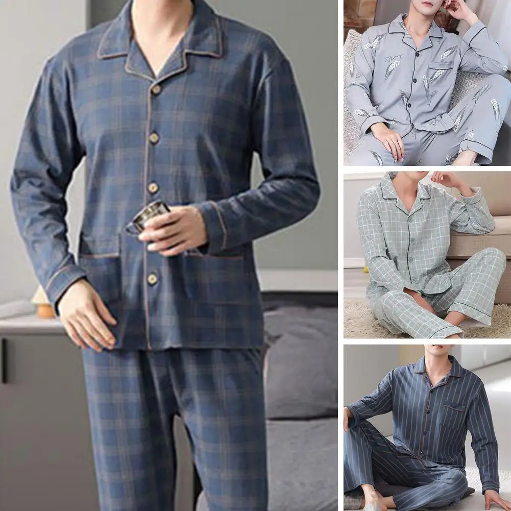 Terno de pijama xadrez fino masculino, calças compridas, conjunto pijamas casual, outono