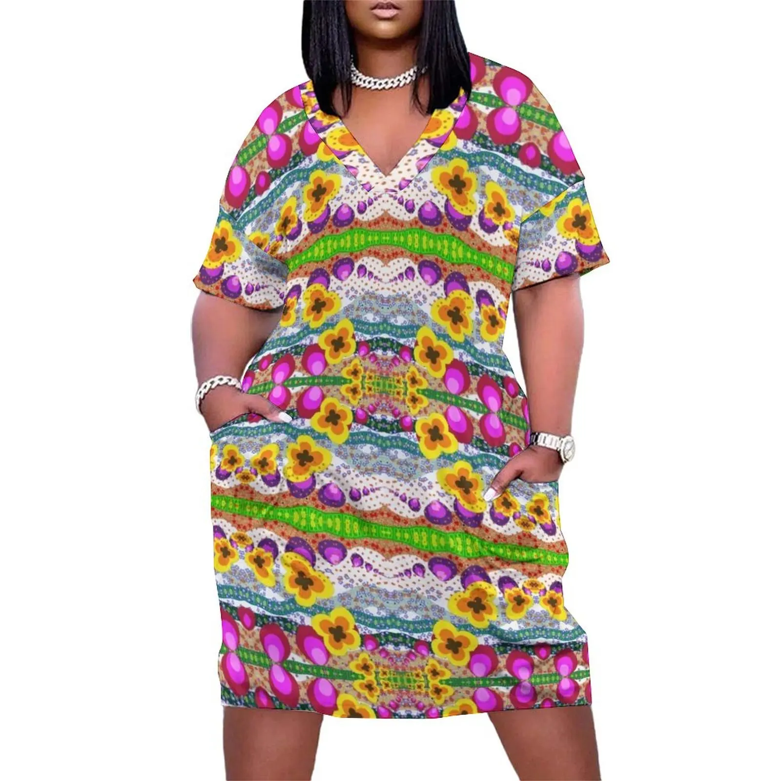 

Retro flowers and stripes Loose Pocket Dress summer dress daily prom dresses