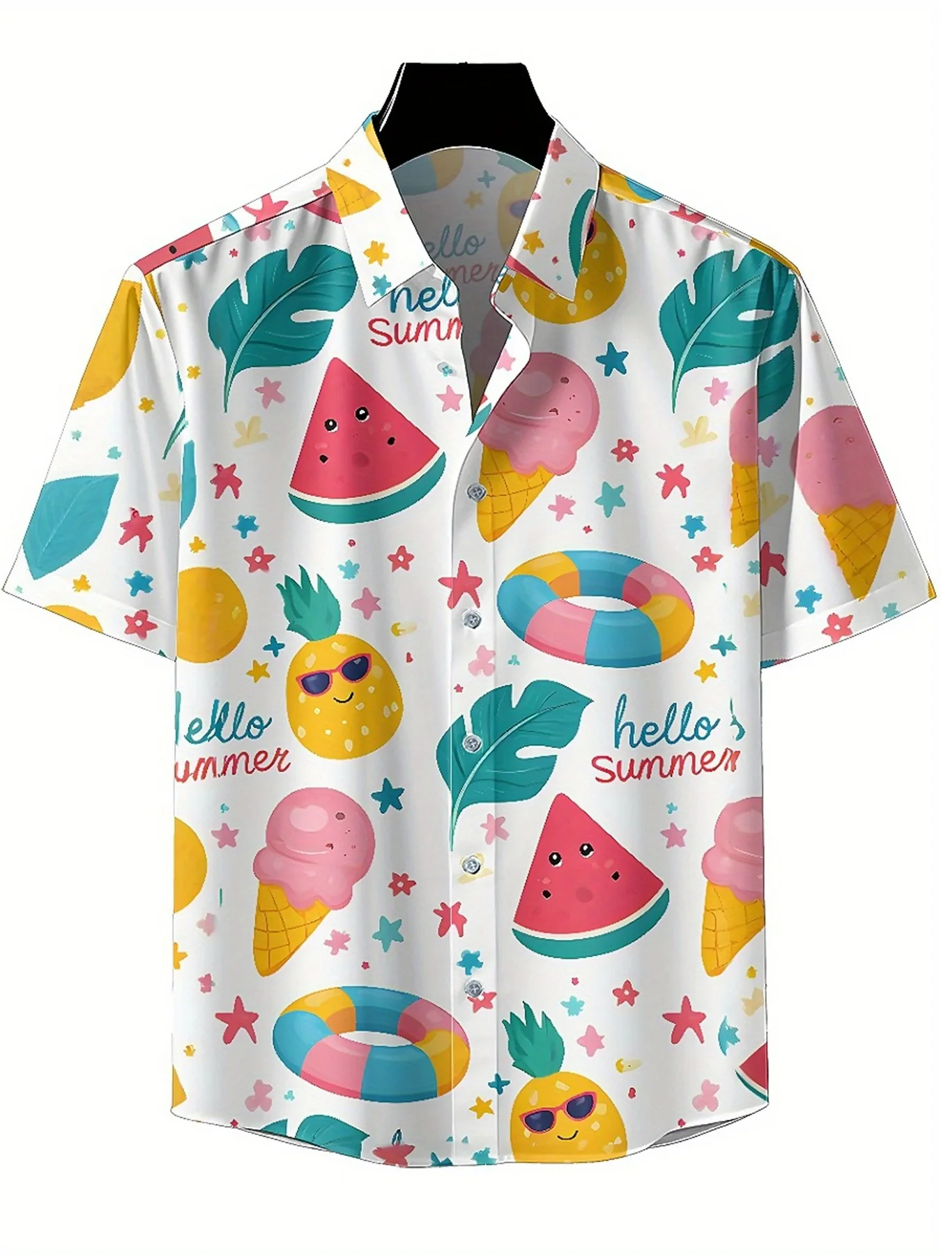 Men's Plus Size Hawaiian Shirts Watermelon, Pineapple, Ice Cream and Swimming Ring Pattern,New Summer Fashion Tops,Hip Hop Rock