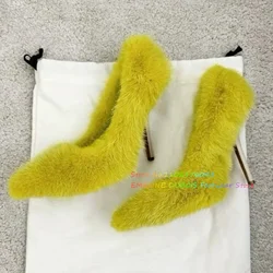 Yellow Fluff High Heel Pumps Pointy Toe Luxury Stiletto Heel Solid Color Slip On Elegant Catwalk Party Dress Shoes Foe Ladies