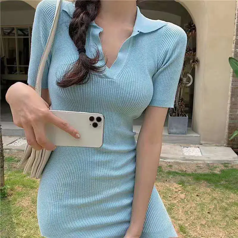 Knit Women's Shirt Dress Fashion Tunics for Women Short Korean Style Crochet Summer Dresses Trend 2024 Cotton Mini Elegant Sexy