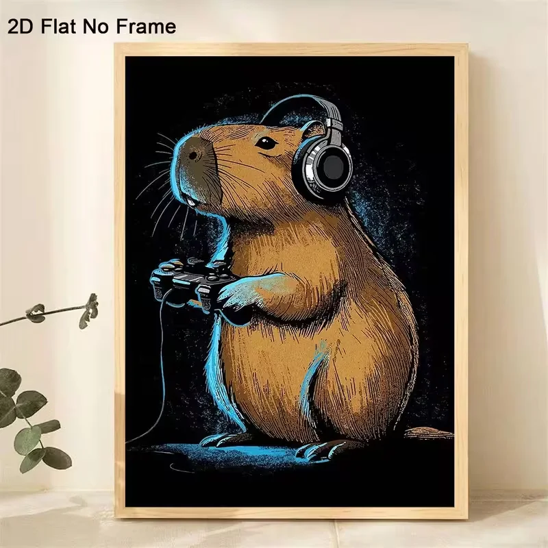 2D Flat 1pc Frameless Canvas Poster, A Capybara Wearing Headphones and Playing Video Games with a Controller, Wall Art Canvas Pa