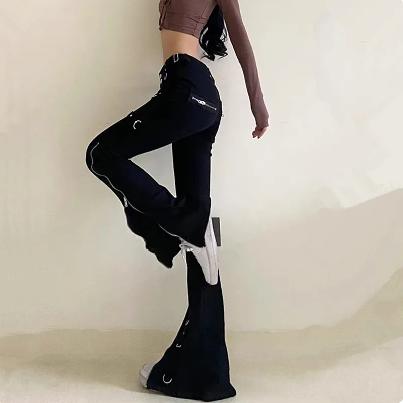 2023 Dark Streetwear Ankle Zipper Black Slim Y2K Flare Jeans Pants For Women Goth Clothes Dress Lady Hip Hop Trousers Ropa Mujer