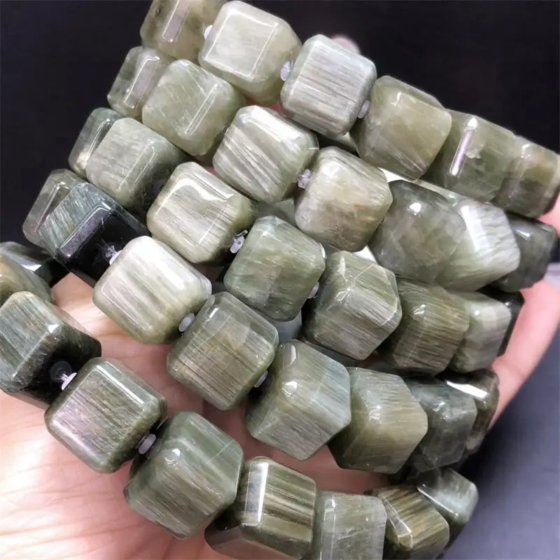 12MM Natural Green Rabbit Hair Quartz Cube Bead Bracelet Wealth Beads Crystal Quartz Fashion Jewelry Gift For Women 1pcs