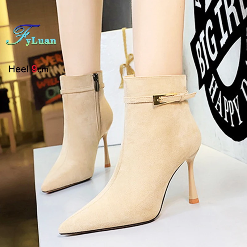 الخريف أحذية للنساء 9 سنتيمتر خنجر الجلد المدبوغ أشار تو الأحذية مكتب حفلة الجانب سستة موضة مشبك معدني عالية الكعب أحذية بوت قصيرة